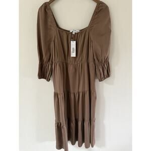 The Drop Women's Keyla Puff-Sleeve Square-Neck Tiered Midi Dress Small New Brown